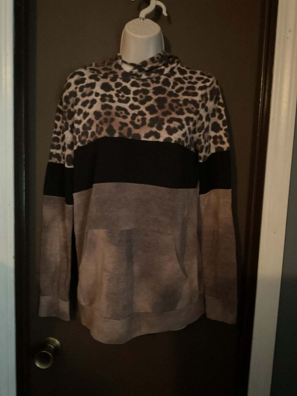 Leopard Print Tie Dye Colorblock Hoodie Sweatshirt ~Leopard/Black/Brown~(M)~NWT